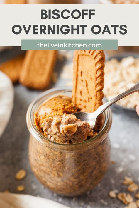 Biscoff overnight oats are an easy treat to have on hand for breakfast! Made with cinnamon, chia seeds, oatmeal, and creamy Biscoff cookie butter, this overnight oatmeal will be a family favorite in no time! Vegan Overnight Oats No Chia Seeds, Chia Pudding Oatmeal, Overnight Oats Cookie Butter, Oatmeal Cookie Overnight Oats, Biscoff Chia Pudding, Biscoff Overnight Oats Healthy, Cookie Butter Overnight Oats, Single Serve Overnight Oats, Overnight Oats No Chia Seeds