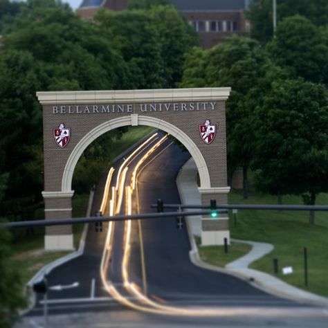 A beautiful night shot of the new St. Robert Gate at the entrance to Bellarmine University Bellarmine University, Gate Way, University Dorms, Kentucky Travel, University Of Louisville, Entrance Gates Design, Louisville Kentucky, Louisville Ky, My Old Kentucky Home