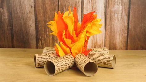 Paper Fire Logs, Miniature Fire Pit, Faux Fire Pit, Fake Firepits, How To Make Flames Out Of Tissue Paper, How To Make A Fake Fire, Faux Campfire Diy, Fake Campfire With Lights, How To Make A Fake Campfire