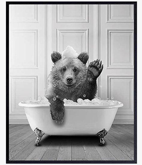 This bear in a tub is too cute! #adorable #artwork #bear Vintage Bathtub, Zebra Canvas, Rustic Bath, Baby Polar Bears, Bear Wall Art, Funny Bathroom Decor, Poster Photo, Quirky Art, Black And White Canvas