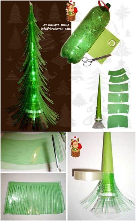 Plastic Bottle Tree - 20 Genius DIY Recycled and Repurposed Christmas Crafts-With a 2l green plastic bottle (like 7Up for example) you can make a really cool, modern Christmas tree for your home in no time. It’s pretty and a great way to keep your waste down. If you’re not a fan of anything that comes in a green bottle, simply spray paint a clear one.SILVER BRONZE WHITE--tailor it to ur decor! nCould be cool! Environmental Club, Recycled Christmas Decorations, Recycled Christmas Tree, Recycle Projects, Abc Chart, Recycled Decor, Waste Art, Eco Crafts, Kid Christmas