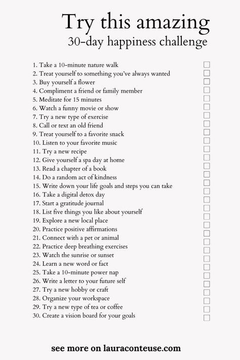 30 days happiness challenge Protective Parents, Laying On Bed, Good Daily Habits, Ways To Be Happy, Tiny Habits, Best Self Quotes, New Years Resolution List, Tiny Habit, Happiness Challenge