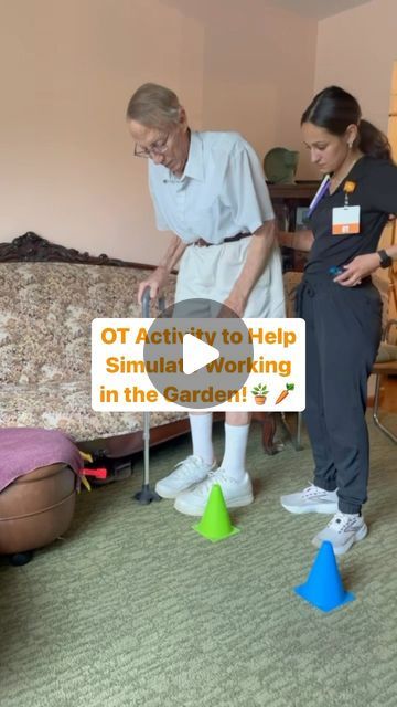 FOX Rehabilitation on Instagram: "Danielle Cicala, MS, OTR/L working with her patient Barry to help get him back in the garden again! He demonstrates doing a simulated garden activity to practice stepping sideways between the rows of his plants with his cane to prevent falls! 🪴🥕  He practiced picking veggies with the resistive clips and then pulling weeds with the @theraband! 💪  His goal is to safely garden again by improving his use of the cane/rollator walker, dynamic balance, functional mobility, fine motor skills, and BUE strength!  #gardening #gardeninglife #occupationaltherapy #occupationaltherapist #otlife #otactivities #garden #otrl #foxrehab #functionalmovement #theraband #functionalmobility #finemotorskills" Occupational Therapy Activities For Cognition, Fine Motor Adults, Occupational Therapy Balance Activities, Inpatient Rehab Occupational Therapy, Adaptive Gardening, Geriatric Activities, Knee Mobility, Garden Activity, Cognitive Exercises