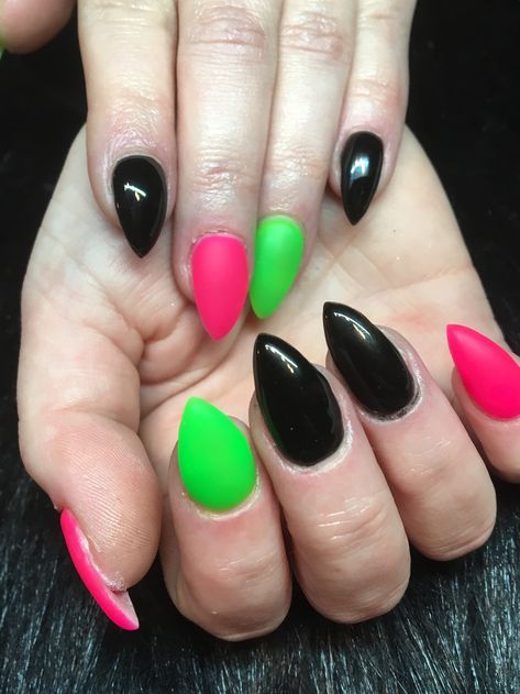 Matte neon green and pink with shiny black almond nails Magenta Pedicure, Pink Green And Black Nails, Neon Pink And Green Nails Acrylic, Neon Black Nails, Dark Green And Pink Nails, Scenecore Nails, Neon Green Almond Nails, Black And Neon Nail Designs, Neon Pink And Green Nails