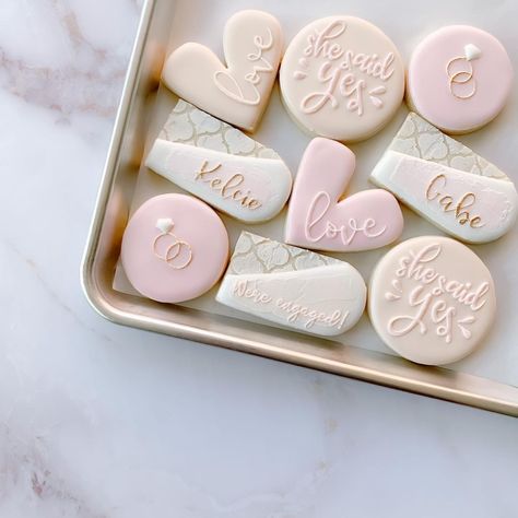 🌙 baked with magic ✨ on Instagram: “She said YES! Congratulations to my beautiful friend, @kelcieriv on her engagement this past weekend! 💍 I made these cookies as a surprise…” He Asked She Said Yes Cookies, She Said Yes Cookies, He Asked She Said Yes, Royal Icing Decorated Cookies, Engagement Cookies, Sugar Cookie Designs, She Said Yes, Fancy Cookies, Wedding Cookies