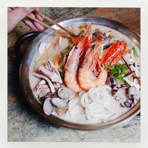 Our white seafood soup comes with udon noodles, small octopus, crab, squid, clams, shrimp, bok choy & cabbage! It's so yummy and it's our… | Instagram Korean Octopus Recipes, Korean Clam Soup, Seafood Udon Noodle Soup, Creamy Kimchi Udon, Korean Spicy Seafood Noodle Soup, Friday Dinner, Gastro Pubs, Udon Noodles, Seafood Soup