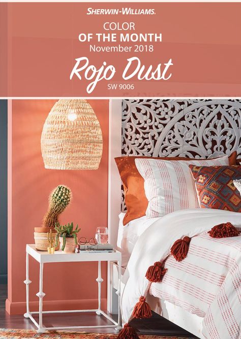 A bohemian utopia wouldn't be complete without the Sherwin-Williams color, Rojo Dust SW 9006. This paint is playful and earthy, plus it's the November Color of the Month. Click through to see more color details. Rojo Dust Sherwin Williams, Rojo Dust Sherwin Williams Bedroom, Sw Rojo Dust, Sun Dried Tomato Sherwin Williams, Sherwin Williams Rojo Dust, Coral Paint Colors Sherwin Williams, Sherwin Williams Rustic Red, Sherwin Williams Positive Red, Interior Paint Colors For Living Room