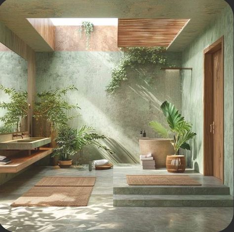 Spa Like Bathrooms, Indoor Outdoor Bathroom, Tropical Bathroom, Spa Interior, Tropical Architecture, Outdoor Bathrooms, Tropical House, House Bathroom, Villa Design