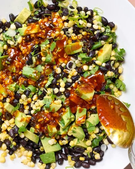 Corn, Avocado, and Black Bean Salad Recipe | The Kitchn Corn Salad With Black Beans, Harissa Vinaigrette, Black Bean Avocado Salad, Harissa Dressing, Avo Salad, Salad With Black Beans, Fish Tacos With Cabbage, Big Salads, Too Hot To Cook