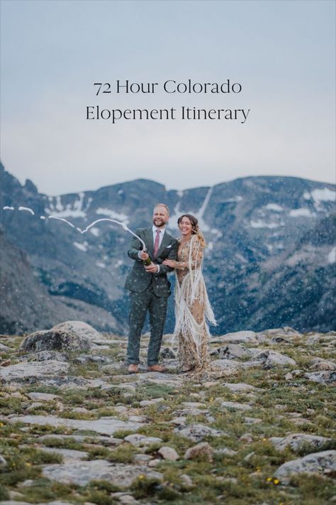 An adventurous couple eloping in Rocky Mountain National Park popping a bottle of champagne. Elopement Itinerary, Rocky Mountain Elopement, Elopement Planning, How To Elope, National Park Elopement, Park Elopement, Colorado Elopement, Mountain Elopement, Elopement Ideas