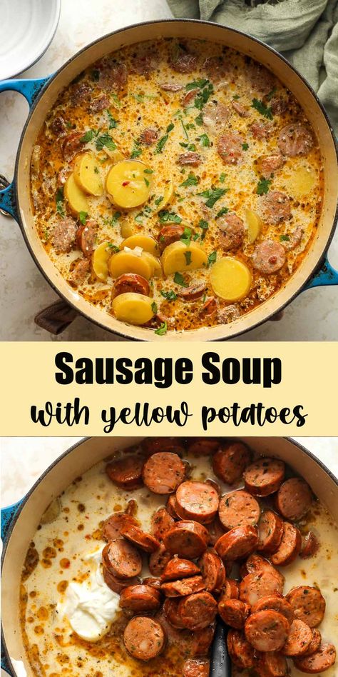 Sausage soup with Yellow Potatoes is a robust and flavorful dish, combining savory sausage and tender potatoes with a rich broth. This hearty dish will satisfy the biggest eaters! Potato Soup With Polish Sausage, Beef Sausage And Potatoes, Potato And Smoked Sausage Soup, Smoked Sausage Dinner Ideas, Sausage And Potatoes Recipes, Sausage And Potatoes Soup, Roast Beef Vegetable Soup, Meat And Potato Meals, Potato And Sausage Recipes