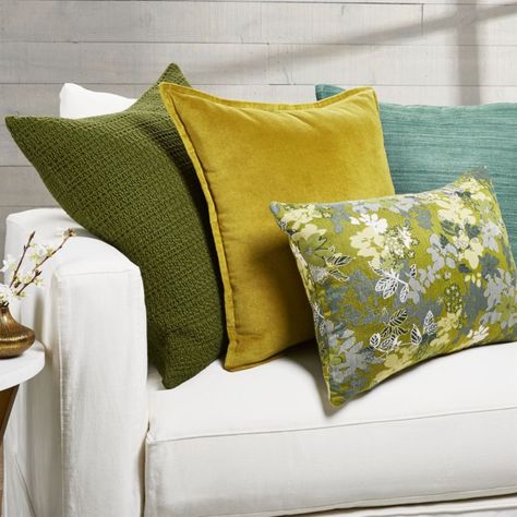 Brenner Chartreuse Velvet Pillow with Down-Alternative Insert 20" Decorating With Chartreuse, Botanical Palette, Chartreuse Pillow, Wallpaper For Backsplash, Chartreuse Accents, Beige Couch Pillows, Dark Green Cabinets, Chartreuse Decor, Lime Green Decor