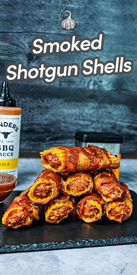 Smoked Shotgun Shells are delicious barbecue sides made by stuffing manicotti pasta shells with ground beef, pork and cheese and then wrapping them with bacon and smoking them. They are perfect for any outdoor bbq cookout! Via @umamiology Shotgun Shells Recipe, Pasta Shells With Ground Beef, Smoked Shotgun Shells, Shells With Ground Beef, Manicotti Pasta, Best Barbecue Sauce, Barbecue Sides, Bbq Cookout, Comfort Pasta