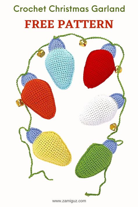 a crochet pattern for a Christmas lights garland Crocheted Christmas Lights, Crochet Christmas Light Applique, Christmas Light Crochet, Crochet Christmas Garland Free Pattern, Quick Holiday Crafts, Crochet Christmas Lights, Crochet Christmas Ornaments Free Pattern, Crochet Christmas Garland, Crocheted Clothes