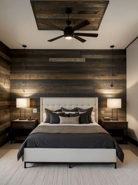 Create a striking accent wall using reclaimed wood panels or textured wallpaper, complemented with sleek industrial-style furniture pieces such as a metal bed frame or a minimalist desk. Complete the look with contemporary artwork and modern lighting fixtures for a sophisticated and masculine bedroom. Bedroom Ideas Gray, Mens Bedroom Ideas, Masculine Bedroom Ideas, Black Leather Bed, Bedroom Ideas Men, Organic Modern Bedroom, Men's Bedroom, Leather Bedroom, Stylish Bedroom Decor