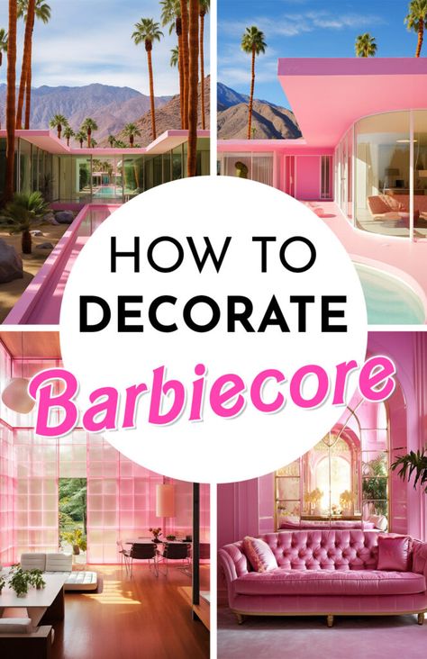 Barbiecore Bedroom Aesthetic, Malibu Barbie Home Decor, Barbie Themed Living Room, Barbie Dream House Room, Pink Tiny House Interior, Barbie Living Room Ideas, Barbie Apartment Aesthetic, Barbie Core Bedroom, Barbiecore Home Decor