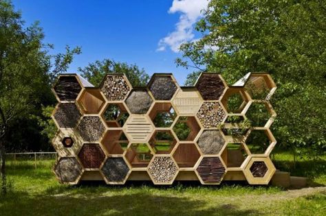 AtelierD's Giant Honeycomb Bee Hotel Attracts Pollinators + Humans Alike | Inhabitat Bee Hotel Design, Hotel Sculpture, Pollinator Garden Design, Mason Bee House, Bee Hive Plans, Bee Houses, Wild Bees, Bee Hotel, Insect Hotel