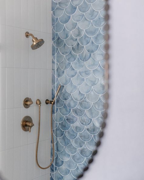 Blue Scallop Tile, Scale Tiles Bathroom, Scallop Tile Bathroom, Scallop Tile, Scallop Mirror, Scallop Tiles, Kids Bathroom Design, Scalloped Mirror, Island Beach House