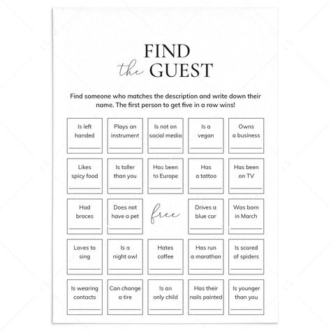 Icebreaker Bingo Find The Guest Printable Icebreaker Bingo, Free Printable Bingo Cards, Free Bingo Cards, Find The Guest, Bingo Template, Owl Coffee, Five In A Row, Bingo Cards Printable, Blue Car