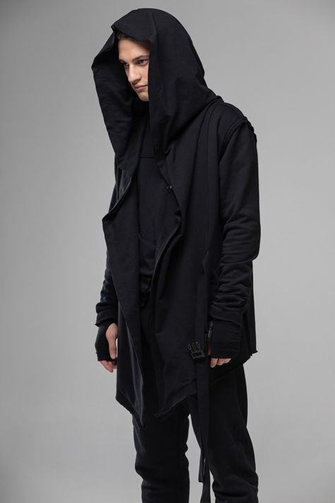 Cyberpunk Fashion Male, Jedi Design, Men Long Jacket, Black Long Jacket, Black Techwear, Jedi Outfit, Techwear Jacket, Steampunk Jacket, Asymmetrical Coat