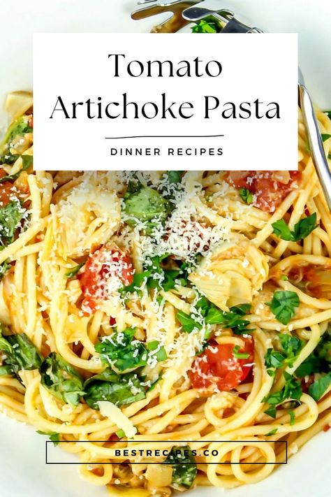 This Tomato and Artichoke Pasta combines the rich flavors of diced tomatoes, marinated artichokes, and fresh basil. Ready in just 20 minutes, it's perfect for a quick, satisfying dinner. The garlic and onions add depth, while parmesan gives a creamy finish. Try this simple recipe that’s sure to become a family favorite! Save it to your Dinner Recipes board for more meal ideas! Artichoke Tomato Pasta, Pasta Diced Tomatoes, Spaghetti Parmesan, Artichoke Spaghetti, Pasta With Artichokes, Marinated Artichokes, Tomato Pasta Recipe, Artichoke Pasta, Meal Inspiration