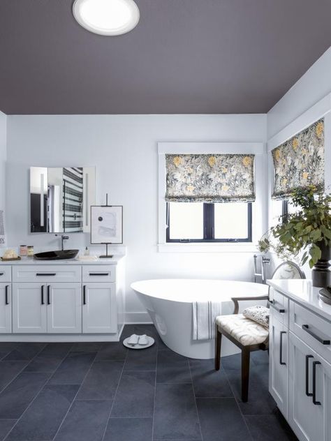 Pictures of the HGTV Smart Home 2020 Master Bathroom | HGTV Smart Home 2020 | HGTV Dark Tile Bathroom Floor, Dark Grey Tile Bathroom, Dark Floor Bathroom, Grey Bathroom Floor, Bathroom Tour, Dark Gray Bathroom, Basement Remodel Diy, Grey Floor Tiles, Freestanding Tub Faucet