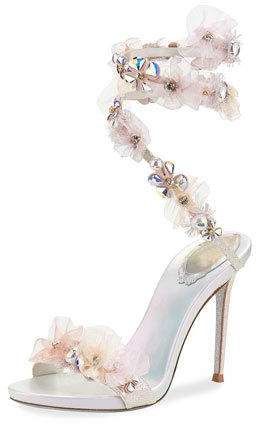 Cherry blossom flower high heels from Rene Caovilla. The original name is: Rene Caovilla Snake-Coil Embellished Sandals #sponsored #highheels #flowerhighheels #cherryblossomheels Quinceanera Shoes, Best Bridal Shoes, Nude Heeled Sandals, Hak Tinggi, High Heels Classy, Flower Heels, Fancy Heels, High Heels Boots, Floral Heels