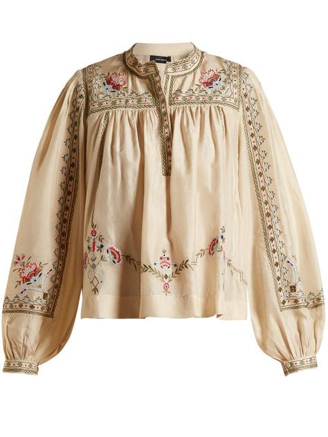 Isabel Marant Dyron embroidered silk blouse Yemeni Clothes, Choli Dress, Blouse Fits, Fashion Trend Forecast, Girls Dresses Sewing, Fashion Sketches Dresses, Baby Dress Patterns, Cotton Kurti Designs, Fashion Tops Blouse