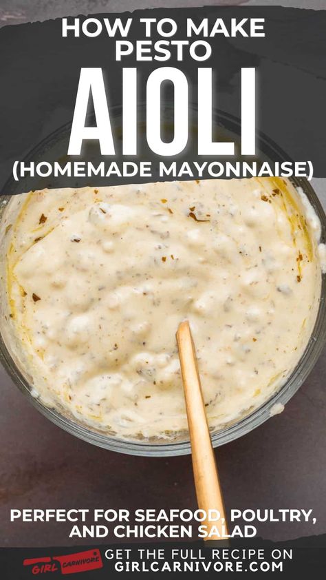 How to make Pesto Aioli Basil Pesto Aioli, Homemade Garlic Aioli, Aioli Recipe Easy Mayo, Aoli Recipe Aioli Sauce, Pesto Aioli Recipe, Herb Aioli Recipe, Aioli Recipe Easy, Harissa Aioli, Baked Lamb Meatballs