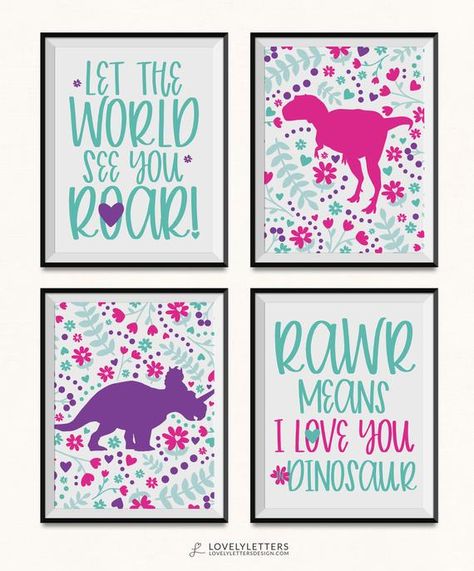 Floral Dinosaur, Dinosaur Room Decor, Tea Rex, Dinosaur Bedroom, Shared Girls Bedroom, Dino Print, Dinosaur Room, Romantic Bedroom Decor, Decor Hacks