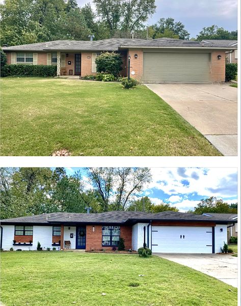 White brick house with cedar siding White Brick With Cedar Accents, Green And White Brick House Exterior, Half Brick Half Siding Exterior, Brick Ranch Exterior, White Brick House Exterior, Split Level Exterior, White Exterior Paint, White Siding, Old Home Remodel