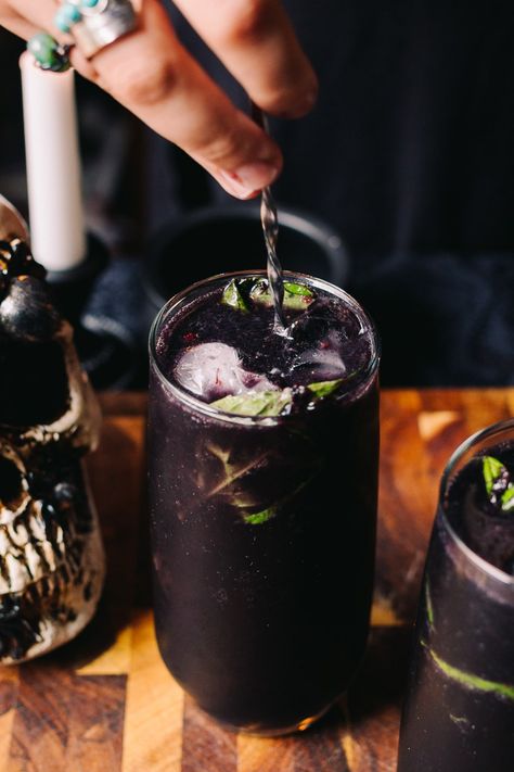 This Midnight in the Witch’s Garden Cocktail (Sugar Free) and the perfect spooky drink for your Halloween party! Activated charcoal and blueberries give this drink a creepy, black and purple hue. Combine with gin, fresh lemon juice, muddled basil leaves, and ginger beer for a refreshing botanical drink. Enjoy these drinks that look like they came straight from a witch’s garden at midnight this Halloween! #AFullLiving #KetoCocktails #HalloweenRecipes #HalloweenCocktails #SpookyCocktails Midnight In The Witches Garden, Viking Themed Cocktail, Goth Alcoholic Drinks, Scapegrace Black Gin, Activated Charcoal Cocktail, Edible Luster Dust Drinks, Frogs Breath Drink, Halloween Drinks Gin, Witchy Drinks Non Alcoholic