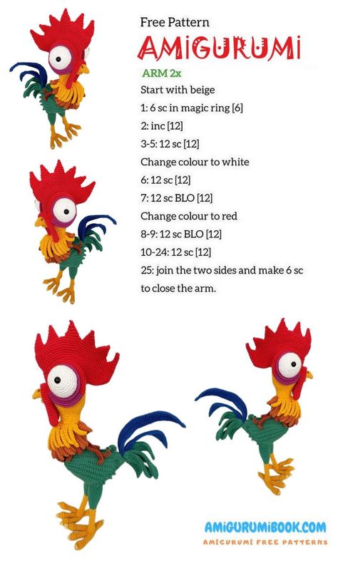 Cute Rooster Hei Hei Amigurumi Free Pattern - Amigurumibook.com Unique Granny Squares Crochet, Unique Granny Squares, Crochet Inspiration Ideas, Hei Hei Moana, Granny Squares Crochet, Crochet Flower Squares, Chicken Crochet, Disney Crochet Patterns, Squares Crochet