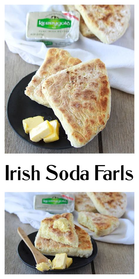 Our Irish Soda Farls Recipe is a soda bread dough that’s flattened into a round circle, and divided into farls, meaning 4 parts. It is also referred to as Irish Griddle Bread because it’s cooked on a dry griddle or pan lightly sprinkled with flour. Traditionally this was the quickest way to make soda bread for unexpected guests who drop by for a bit of craic (good fun). It’s best eaten fresh with butter and jam! || cookingwithruthie.com #irishrecipes #sodafarls #sodabread Irish Breads, Griddle Bread, Farls Recipe, Soda Farls, Irish Dinner Recipes, Weird Recipes, Irish Potato Bread, Dinner Biscuit, Irish Recipes Authentic