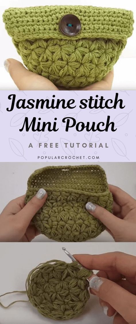 Crochet Pouch With Button, Mini Crochet Pouch, Jasmine Crochet Stitch, Jasmine Crochet, Knit Bags, Quick Projects, Jasmine Star, Crochet Baby Boots, Crochet Shell Stitch