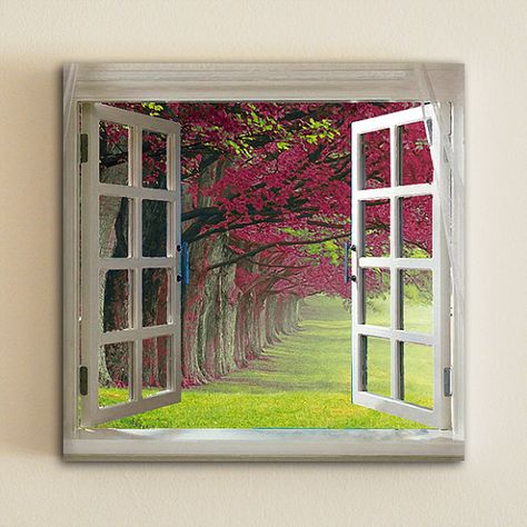 Window view Blossom Trees Pink spring art decor by OneDesign4U An Open Window, Window Mural, Window Projects, Simple Acrylic Paintings, Painting Ideas On Canvas, So Real, Pink Spring, Spring Art, Window View