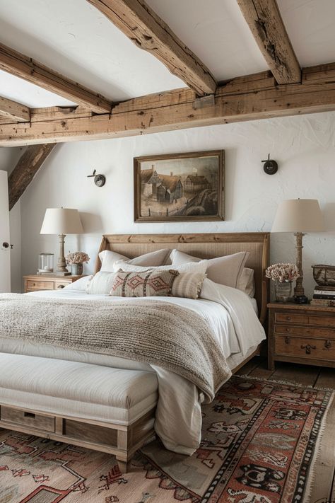 French Cottage Master Bed, Cottage Uk Interior, European Country Bedroom, Cottage Interior Design Bedroom, British Countryside Bedroom, Modern English Cottage Bedroom, Modern English Country Bedroom, Rustic Ranch Bedroom, English Country Cottage Bedroom