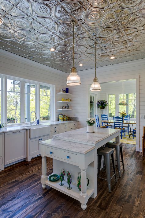 Tin Ceiling Kitchen, American Tin Ceiling, Custom Kitchen Remodel, Tin Ceilings, Tin Tiles, Tin Ceiling Tiles, Kitchen Ceiling, Luxury Dining Room, Tin Ceiling