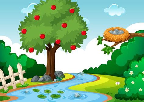 Stream in the forest scene with apple tr... | Free Vector #Freepik #freevector #food #tree #water #kids Autumn Doodles, Row The Boat, Red Riding Hood Wolf, Water Kids, Autumn Animals, Thanksgiving Banner, Summer Trees, Autumn Illustration, Owl Cartoon