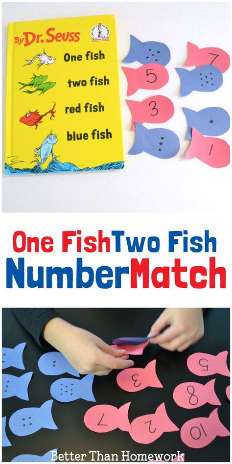 Play a fun number match game inspired by Dr. Seuss's One Fish Two Fish Red Fish Blue Fish Dr Seuss Preschool Activities, Games Kindergarten, Kindergarten Counting, Dr Seuss Preschool, Dr Seuss Activities, Dr Seuss Crafts, Fish Activities, Seuss Classroom, Kindergarten Math Games