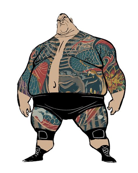 Yakuza Concept Art, Tattooed Character Design, Yakuza Drawing, Yakuza Character Design, Wrestler Character Design, Tattooed Character, Tattoo Character Design, Fat Cartoon Characters, Fat Character