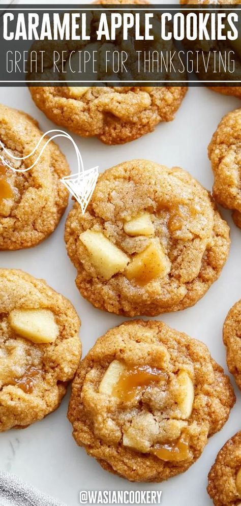 A plate of Caramel Apple Cookies, showcasing chunks of apple and a drizzle of caramel, perfect for Thanksgiving cookies and a sweet addition to your holiday dessert collection. Apple Cake Cookies, Mrs Fields Caramel Apple Crunch Cookies, Apple Cranberry Cookies, Apple Christmas Cookies, Apple Caramel Crisp Cookies, Carmel Christmas Cookies, Vegan Caramel Apple Cookies, Butternuts Cookies Recipe, Apple And Pecan Recipes