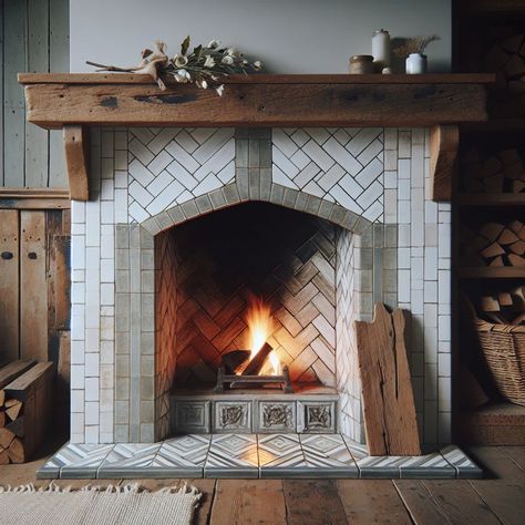 86 Fireplace Tile Ideas for Creative Refinement – artAIstry Fo Fireplace Ideas Diy, Herringbone Backsplash Fireplace, Glass Tile Around Fireplace, Fireplace With Porcelain Tile, Tile Surrounding Fireplace, Wood And Tile Fireplace Surround, Unique Gas Fireplace Ideas, Fireplace Tiled Hearth, Flush Fireplace Wall Ideas