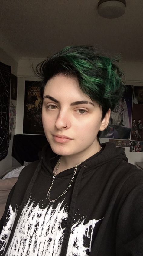 Dark Green Hair Pixie, Short Black Hair Color Ideas, Forest Green Hair Dark Short, Pixie Green Hair, Green Short Hair Men, Green Hair Short Pixie, Green And Black Hair Men, Mens Green Hair, Black And Green Short Hair