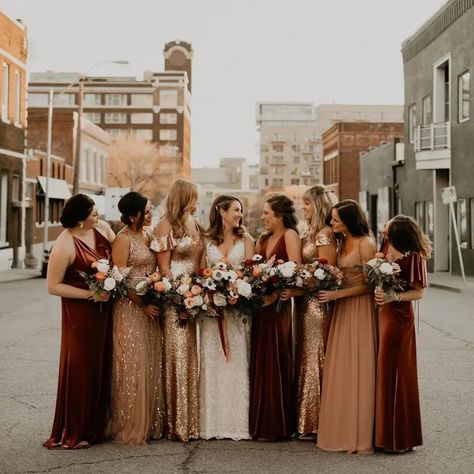 Velvet Bridesmaid Dresses: Shopping guide and this year's hottest trends Velvet And Sequin Bridesmaid Dresses, Winter Wedding Mismatched Bridesmaids, Winter Gold Bridesmaid Dresses, New Years Bridesmaid Dresses, Rosewood Bridesmaid Dresses, Brown Velvet Bridesmaid Dresses, Winter Bridesmaid Dresses Mismatched, Bridesmaid Fall Dresses, Fall Bridesmaid Colors