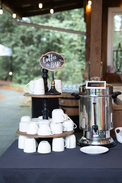 white china coffee cups on tiered stand by rustic bar Coffee Bar Ideas For Wedding Receptions, Coffee At A Wedding, Coffee Station At Wedding, Wedding Coffee And Tea Bar, Self Serve Coffee Bar Wedding Reception, Affogato Bar Wedding, Coffee Themed Wedding Reception, Cafe Setup Ideas, Cocktail Hour Layout