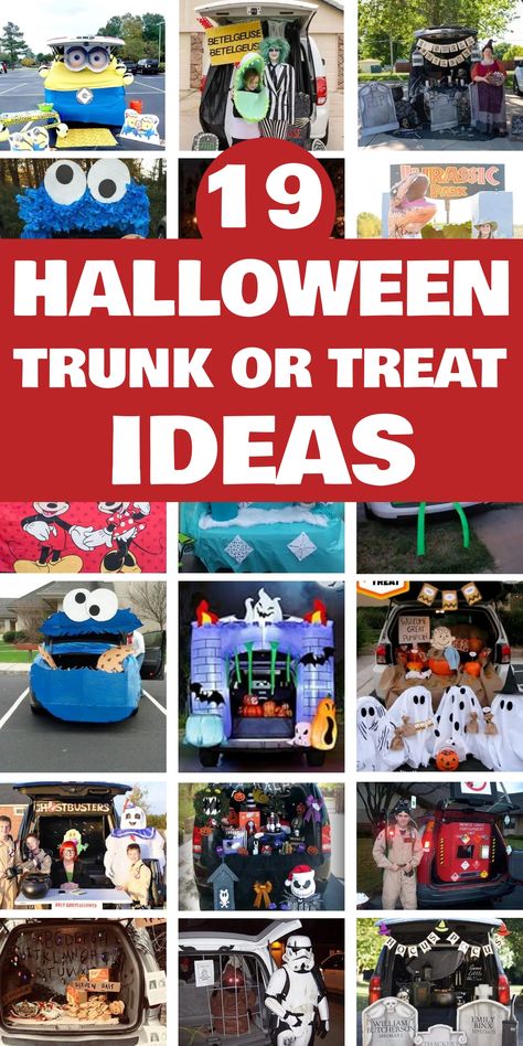 19 Halloween trunk or treat ideas displayed with themed car trunks decorated in various creative ways. Trunk Or Treat Ideas With Bats, Motorcycle Trunk Or Treat Ideas, Themes For Trunk Or Treat, Trunk Or Treat Medical Theme, Ideas For Trunk Or Treat Decorating, Trick Or Trunk Ideas, Truck Or Treat Ideas For Truck Beds, Trick Or Trunk Ideas For Suv, Ghost Trunk Or Treat Ideas