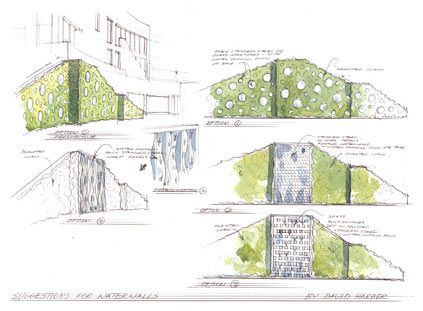 Design ideas to bring a large expanse of boring wall to life with living walls and water walls Vertical Garden Illustration, Seat Wall Landscape, Wall Design Drawing, Custom Water Feature, Water Feature Wall, Landscape Architecture Drawing, Interactive Exhibition, Vertical Garden Wall, Water Wall