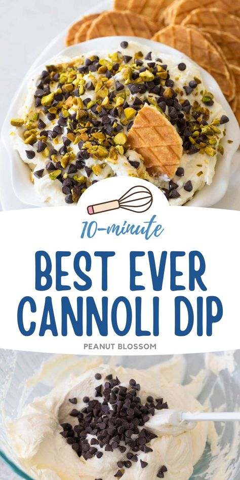 This easy cannoli dip is ready in just 10 minutes and has the most authentic cannoli filling with mini chocolate chips and chopped pistachios for true Italian flavor. Serve with crispy butter cookies in place of the cannoli shells. The perfect no bake dessert for make ahead holiday prep! Cannoli Dip With Mascarpone, Canoli Dip Best, Crispy Butter Cookies, Easy Cannoli Dip, Superbowl Snack, Easy Party Treats, Cannoli Dip Recipe, Easy Cannoli, Super Bowl Snack Recipes