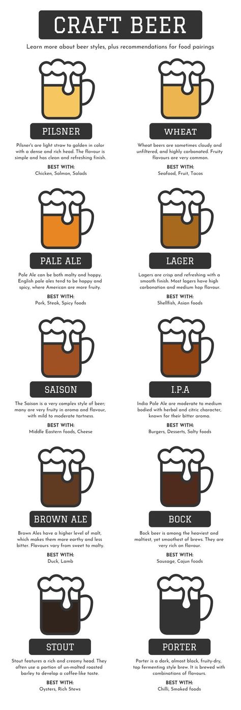 Cooking Infographic, Food Infographic Design, Craft Beer Food Pairing, Beer Infographic, Comparison Infographic, Beer Tattoo, Beer Food Pairings, Data Infographic, Resep Koktail